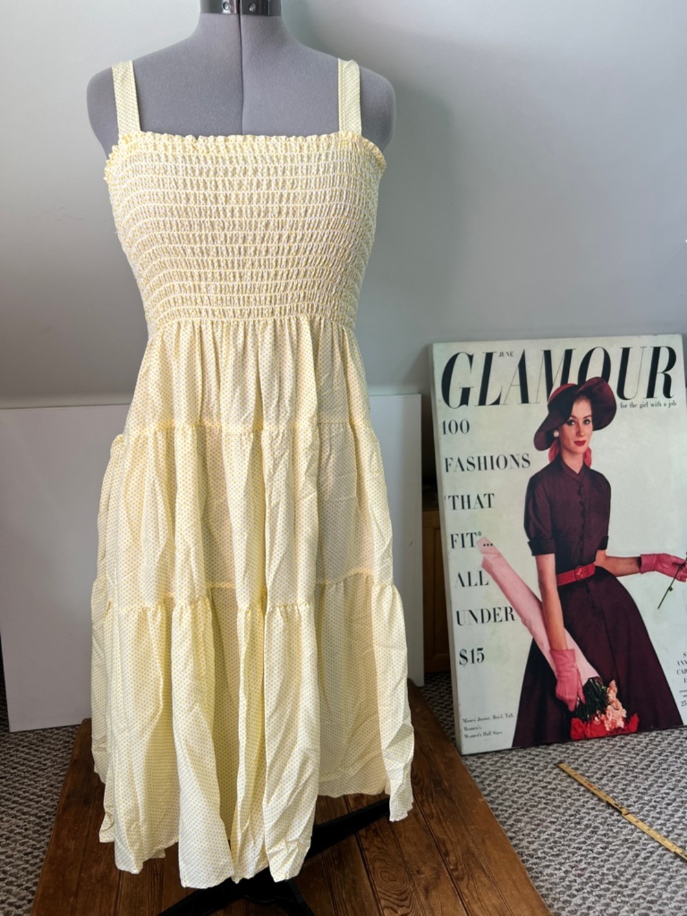 Vintage 80s Smocked Sundress Yellow check tiered midi